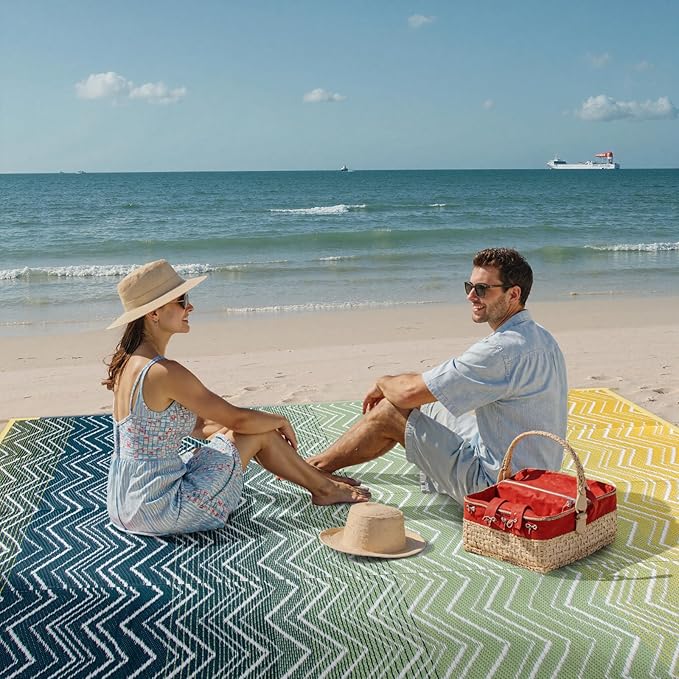 Lahome Outdoor Plastic Straw Rug, Reversible Outdoor Rug Waterproof 6x9 Patio Rugs, Camping Rugs for RV Backyard Deck Porch Picnic Beach Trailer (Yellow/Blue, 6' x 9')