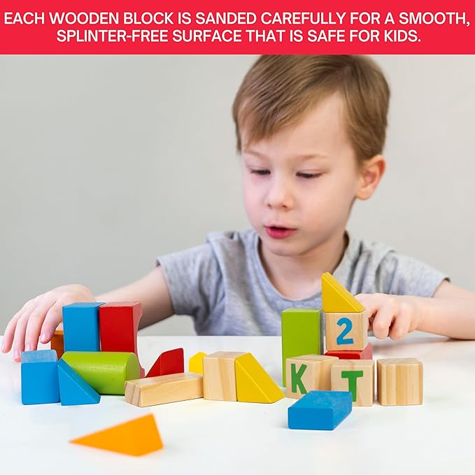 Alphabet Number Wooden Building Blocks Set -100 Blocks in 5 Water Paint Colors and 7 Shapes. Preschool Montessori Kids Baby Toys. Stacking Learning Toys for Toddlers. Age 18 Months +