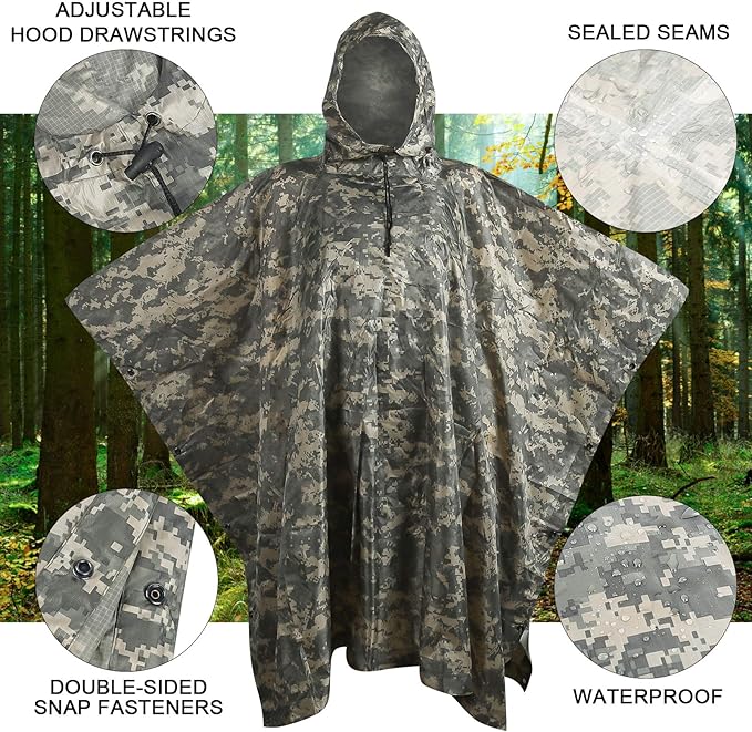 Camo Rain Poncho, Multi Use Waterproof Rain Coat