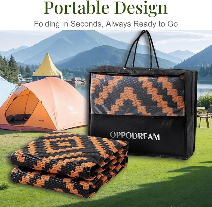 OPPODREAM Outdoor Rug 8x10 Patio Waterproof, Large Outdoor Plastic Straw Rug, Reversible Out Door Carpet for Camping, Deck, Rv, 8 x 10 Area Carpet for Balcony, Porch, Backyard, Black and Orange