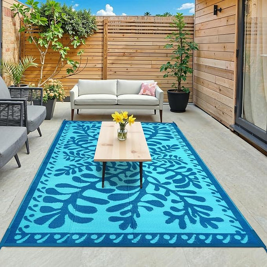 Anidaroel Outdoor Area Rug for Patio Clearance 6x9 Waterproof, Reversible Plastic Straw Rug Outside Rug, RV Mat for Camping, Porch, Balcony, Pool Deck, Backyard (Blue,6’x9’)