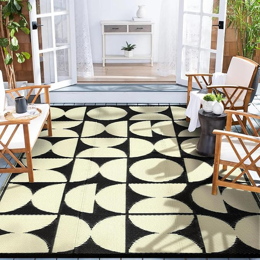 Wonnitar Outdoor Rug 6x9 Waterproof for Patio, Reversible Outdoor Plastic Straw Rug Large Portable RV Camping Rug, Geometric Outside Area Rug for Backyard Balcony Garden (Black & Beige,6'x9')