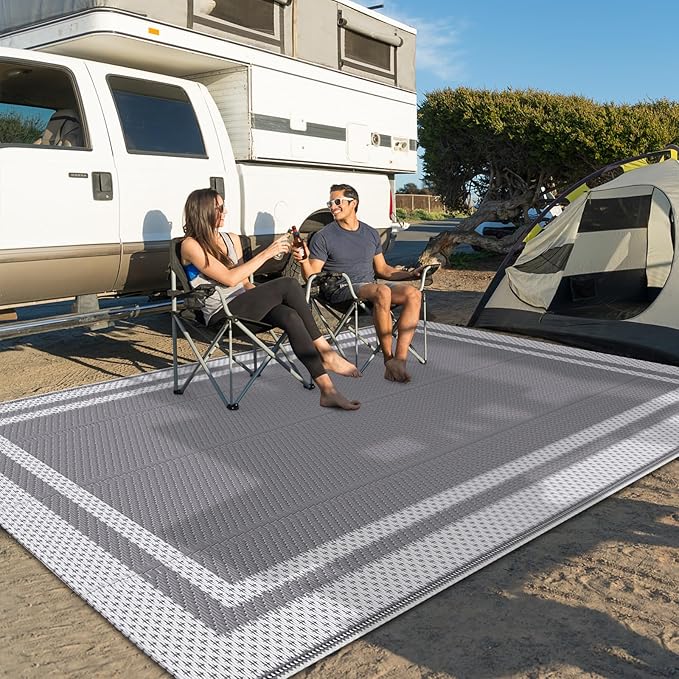 HappyTrends Outdoor Rug Reversible Portable Plastic Straw Camping Rugs for Outside RV,Large Waterproof Outdoor Area Rugs for Patio,Deck,Porch,Balcony(8'x 10',White&Gray)
