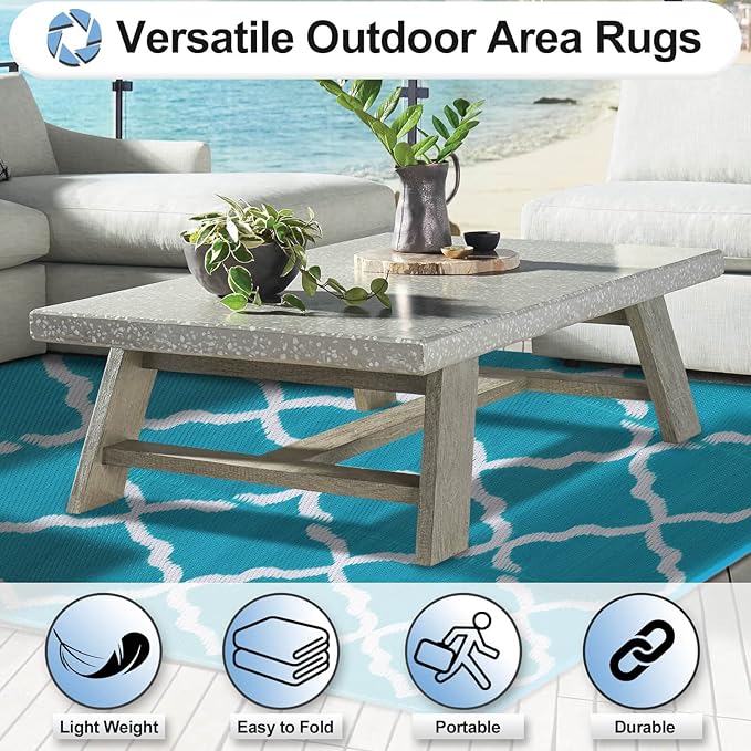 OutdoorLines Outdoor Plastic Area Rugs for Patio 6x9 ft - Reversible Outside Carpet, Stain & UV Resistant RV Mats, Straw Rug for Camping, Deck Garden, Porch and Balcony, Moroccan Teal & Light Grey