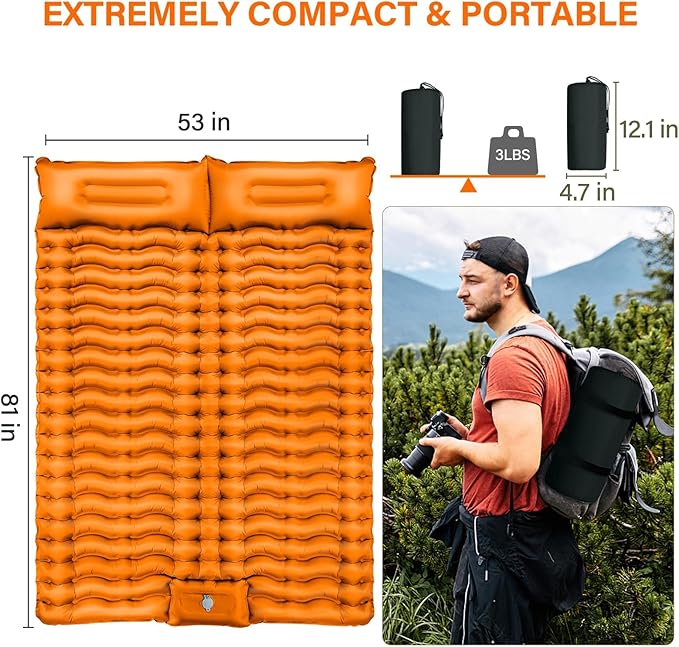 Double Camping Sleeping Pad, Self Inflating 4" Extra-Thick Foot Press Ultralight 2 Person Camping Mat with Pillow for Camping Hiking Traveling Backpacking Tent-Orange