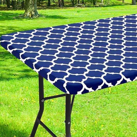 Smiry Rectangle Picnic Table Cover, Waterproof Elastic Fitted Camping Tablecloths for 5 Foot Tables, Wipeable Flannel Backed Vinyl Tablecloth Protector for Indoor, Outdoor (Navy, 36x60 Inches)