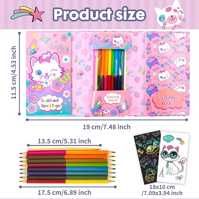 Cat Coloring Book Set with Coloring Pages & Colored Pencils, Art Supplies for Kids Ages 4-6-8, Arts Crafts Travel Coloring Kit for Girls 4 5 6 7 8 Year Old Birthday Gift