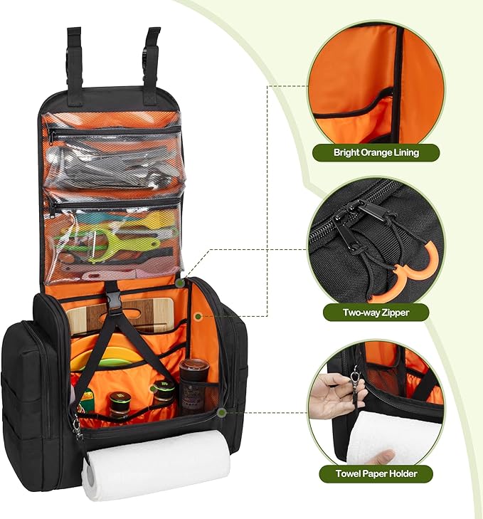 Large Tactical Camping Kitchen Organizer, Hanging Cookware Storage Bag with Paper Towel Holder & Multi Pockets, Portable Camp Utensil Organizer for BBQ Cooking Essentials, Black, Bag Only