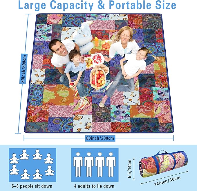 Extra Large Picnic Blankets Waterproof Foldable (80 "x 80") Beach Blanket Waterproof Sandproof,3-Layer Thicking Mat Outdoor Packable Camping Blanket