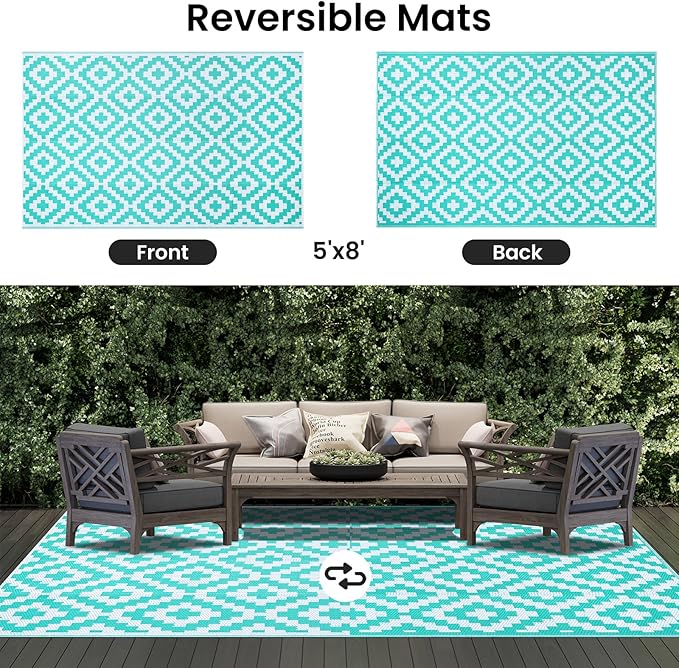 Smiry Waterproof Outdoor Rug 5x8 ft, Reversible Plastic Straw Patio Camping Rugs, Outdoor Indoor RV Mat Carpet for Patio, Outside Entry, Backyard, Deck, Bench, Picnic, Camper, White & Teal
