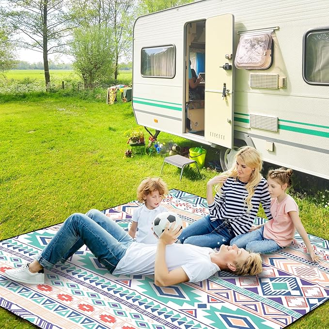 Beach Blanket, Sandproof Beach Mat, Waterproof Quick Drying Lightweight Outdoor Aztec Picnic Mat 79" X 83" for 2-4 Adults with Pocket for Travel, Camping, Hiking