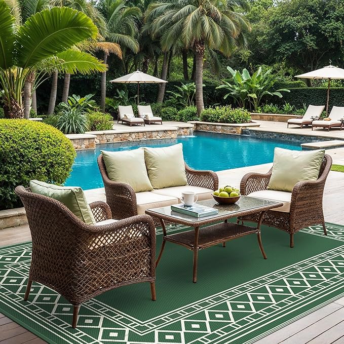 GENIMO Outdoor Rug Waterproof 6'x9' for Patio, Foldable Reversible Plastic Straw Carpet for Travel Trailers, Outside Area Mat for Rv, Deck, Picnic, Porch, Camper, Balcony, Beach, Green & Yellow