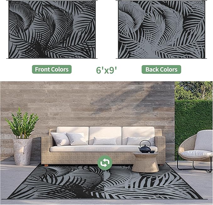 GENIMO Outdoor Rug 6' x 9' Waterproof for Patio Clearance, Reversible Plastic Straw Camping Carpet, Lightweight Mats for Rv, Backyard, Deck, Porch, Picnic, Beach, Balcony, Mix-Black & Gray