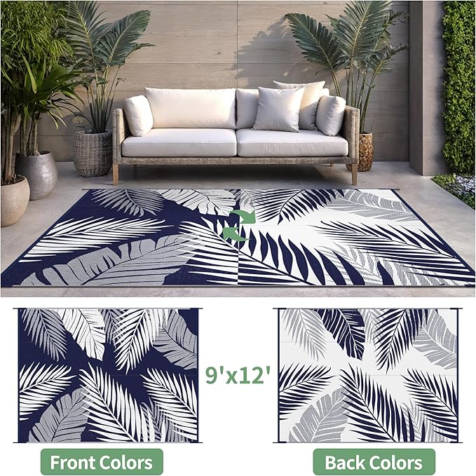 Outdoor Rug 9' x 12' for Patio Waterproof Clearance, Reversible Indoor Outdoor Plastic Straw Camping Rug Carpet, RV Mat, Large Area Rug for Deck, Backyard, Balcony, Porch, Navy Blue and White