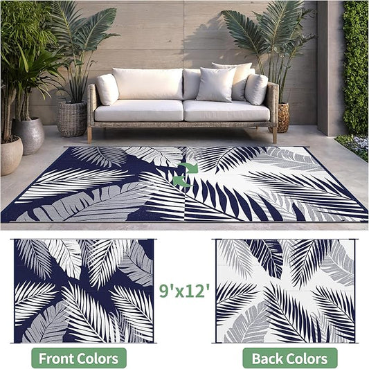 Outdoor Rug 9' x 12' for Patio Waterproof Clearance, Reversible Indoor Outdoor Plastic Straw Camping Rug Carpet, RV Mat, Large Area Rug for Deck, Backyard, Balcony, Porch, Navy Blue and White