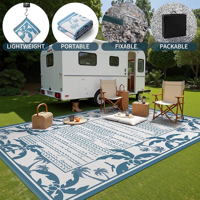 COCOER Outdoor-Rug 6x9 ft Waterproof Reversible Outdoor Plastic Straw Rug RV Indoor Outdoor Carpet Quick Dry Patio Rug Camping Mat for Balcony Backyard Picnic Beach-Blue&White