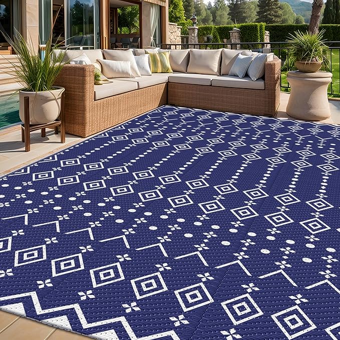 StepRite 6’ x 9’ Reversible Outdoor Rug, Waterproof Plastic Straw Rug, Patio Rug, Large Modern Area Rug Carpet, Indoor Outdoor Rugs for Camping, Porch, Deck, Balcony, Backyard, RV, Picnic(Blue)