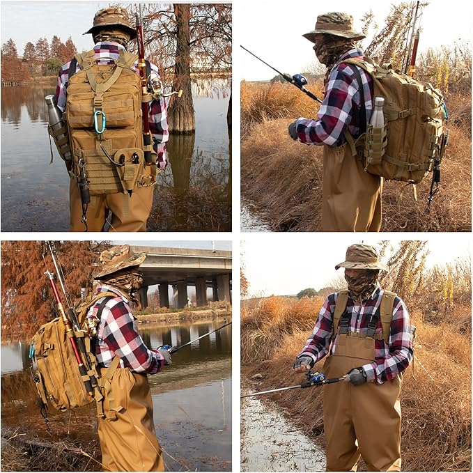45l Large Fishing Tackle Backpack with Removable Plier Holder & Rod Holders, Khaki Tactical Bag, Fishing Gear and Tackle Box Organizer, Hiking Rucksack without Tackle Box