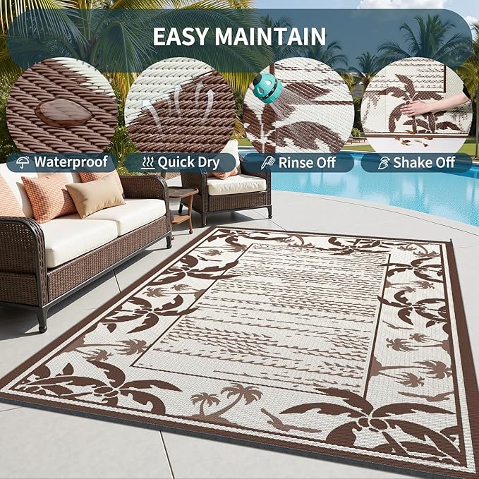 COCOER Outdoor-Rug 5x8 ft Waterproof Reversible Outdoor Plastic Straw Rug RV Indoor Outdoor Carpet Quick Dry Patio Rug Camping Mat for Balcony Backyard Picnic Beach-Brown&Beige
