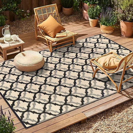 OLANLY Reversible Outdoor Rug 6x9 ft Clearance, Waterproof Outdoor Plastic Straw Rug with Interlacing Pattern, RV Mat for Patio, Camping, Balcony, Deck, Backyard, Black & Beige