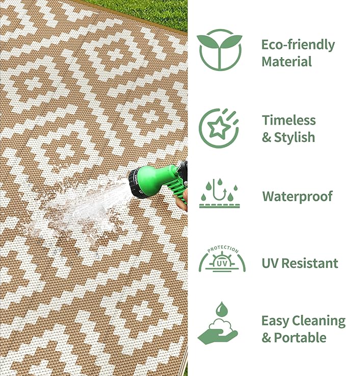 GENIMO Outdoor Rug for Patio Clearance, 6'x9' Waterproof Camping Mat, Reversible Plastic Straw Rugs for RV, Camper, Balcony, Backyard, Picnic, Deck (Brown & White)