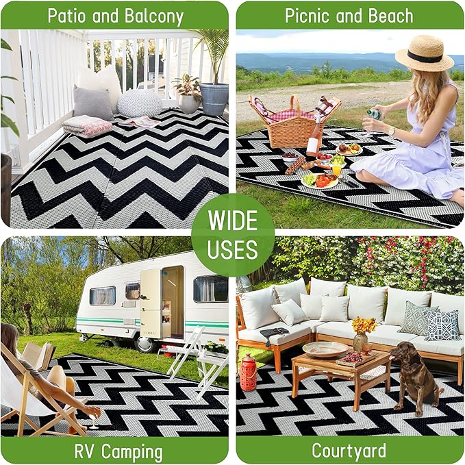 Easy-Going Reversible Outdoor Rugs 9x12ft Waterproof Plastic Straw Rug Stain & UV Resistant Floor Mat for Patio Porch RV Backyard Pool Deck Picnic Beach Trailer Camping (Waved Black & Light Grey)