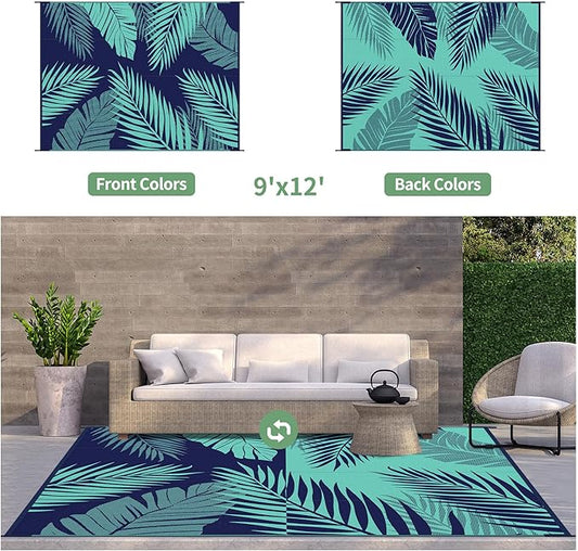 GENIMO Outdoor Rug 9' x 12' Waterproof for Patios Clearance, Reversible Outdoor Plastic Straw Camping Rug Carpet, Large Area Rugs Mats for RV, Camper, Deck, Balcony, Porch, Beach, Navy Blue&Jade Green