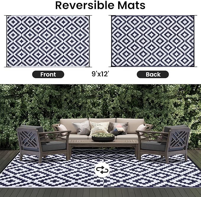Smiry Waterproof Outdoor Rug 9x12 ft, Reversible Plastic Straw Patio Camping Rugs, Outdoor Indoor RV Mat Carpet for Patio, Outside Entry, Backyard, Deck, Bench, Picnic, Camper, White & Navy