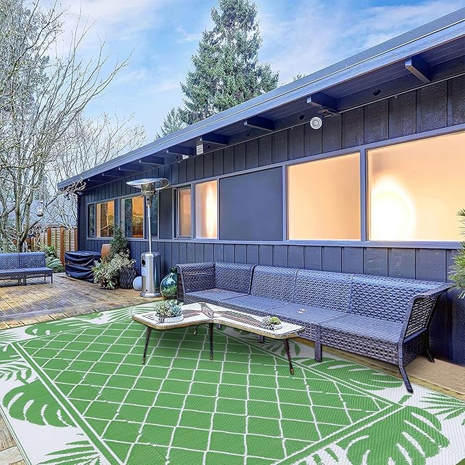 Ileading Outdoor Rug Carpet for Patio 6' x9' Waterproof Reversible Plastic Straw Rug Portable Outside Area Rug Camping Mat for Patio, Clearance, Balcony, Picnic, Pool, Beach, RV, Deck, Leaf Green