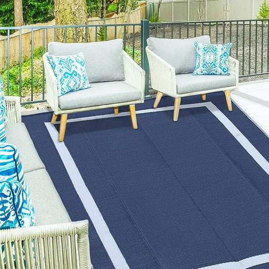 Ogrmar 8x10 FT Reversible Mats, Outdoor Rug for Patio Clearance, Waterproof Carpet, Plastic Straw Rug for Indoor Outdoor, Floor Mat&Rug for RV Porch Camping Backyard Deck Balcony Beach Trailer (Blue)