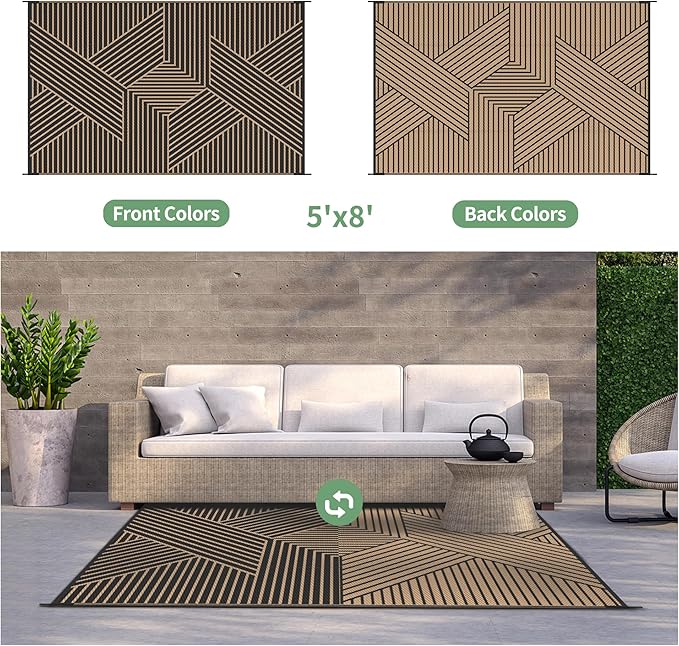 GENIMO Outdoor Rug 5'x8' for Patio Waterproof Clearance, Reversible Outdoor Plastic Straw Rug, Lightweight Carpet Camping Mat for Rv, Camper, Picnic, Balcony, Backyard, Deck, Porch, Black & Brown