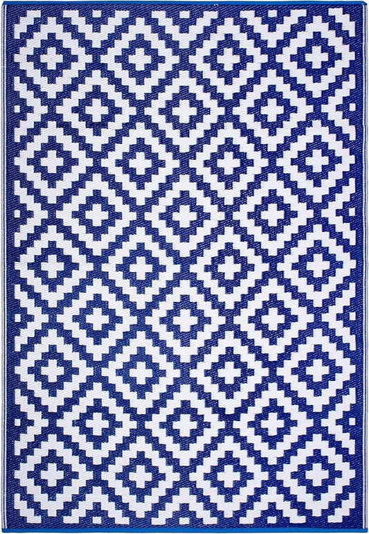 FH Home Outdoor Rug - Waterproof, Fade Resistant, Reversible - Premium Recycled Plastic - Geometric - Large Patio, Deck, Sunroom, Camping, RV - Aztec - Blue & White Crease Free - 6 x 9 ft
