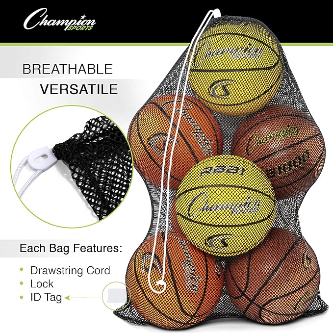 Champion Sports Mesh Equipment Bag – Heavy-Duty Nylon Drawstring Bag with Lock & ID Tag, Breathable Storage Sack for Balls, Swim Gear, Laundry & Toys, Multiple Sizes & Colors