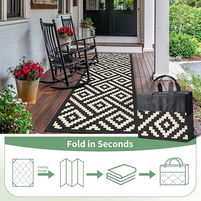 GENIMO Outdoor Rug 2.5'x8' Waterproof, Reversible Camping Mat, Plastic Straw Rugs for Patio, RV, Camper, Balcony, Backyard, Picnic, Deck (Black & Beige)