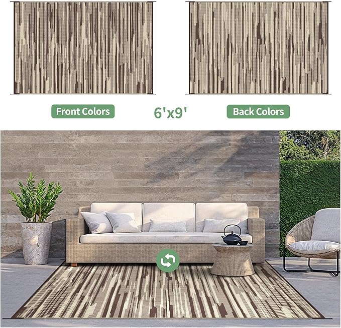GENIMO Outdoor Rug for Patio Clearance, 6'x9' Waterproof Camping Mat, Reversible Plastic Straw Rugs for RV, Camper, Balcony, Backyard, Picnic, Deck (Coffee Beige)