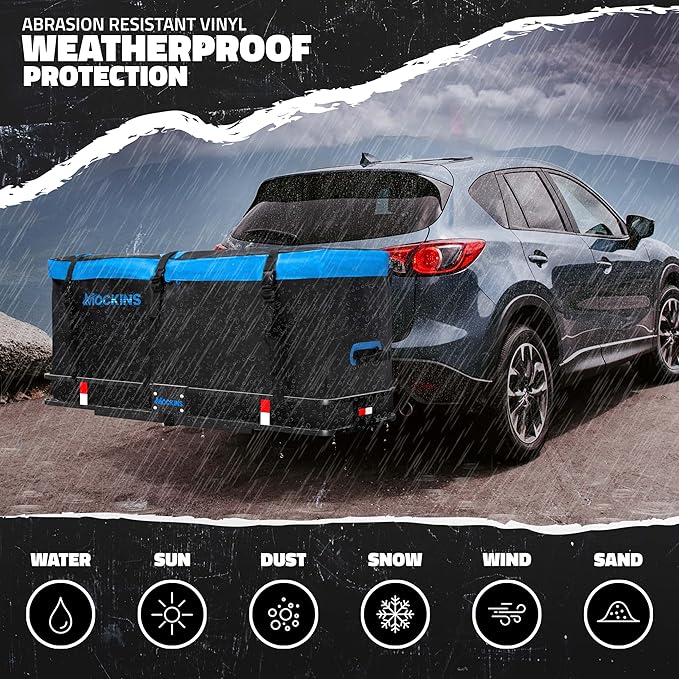 Mockins 60"x20"x6" Trailer Hitch Cargo Carrier w/16 CuFt Soft Vinyl Waterproof Cargo Bag & 4 Packing Cubes | 500 Lbs. Capacity Folding Luggage Rack for SUV/Car & Waterproof Truck Bed Storage Bag Set