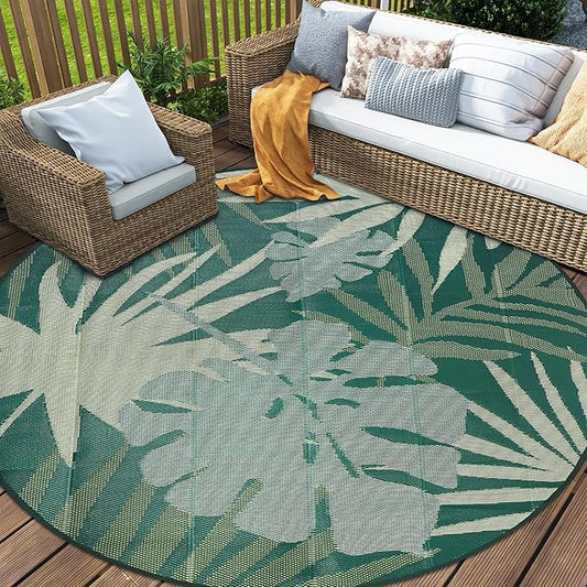 Homcomoda Round Outdoor Rugs 8Ft Waterproof Reversible Patio Rugs Outdoor Clearance Lightweight Outdoor Rugs Portable RV Camping Mats for Tents Deck Porch BBQ Beach Backyard
