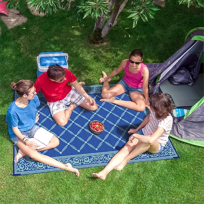 Stylish Camping 116093 6-feet by 9-feet Reversible Mat, Plastic Straw Rug, Large Floor Mat for Outdoors, RV, Patio, Backyard, Picnic, Beach, Camping (Blue/Light-Green)