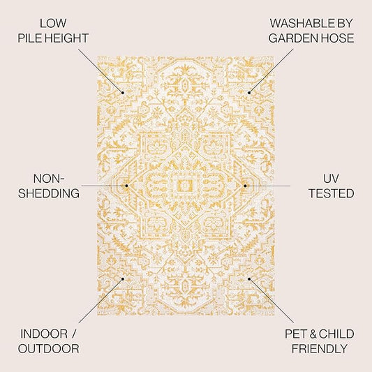 JONATHAN Y SMB105H-5 Estrella Bohemian Medallion Textured Weave Indoor Outdoor Area-Rug, Coastal Traditional Easy-Cleaning,Bedroom,Kitchen,Backyard,Patio,Non Shedding, 5 X 8, Cream/Yellow