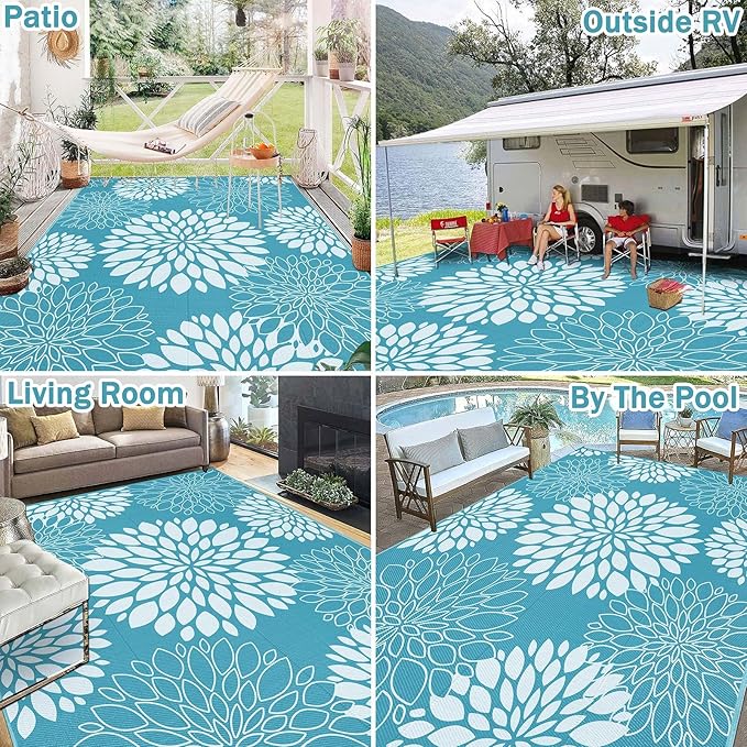 Ileading Reversible Outdoor Rug 8x10Ft Waterproof Patio Rug Carpet Portable Outdoor Plastic Straw Rug Large RV Camping Mat Rug for Patio, Clearance, Deck, Beach, Porch, Camping, Picnic, Teal