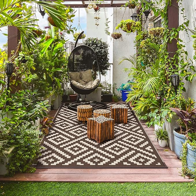 GENIMO Outdoor Rug for Patio Clearance, 9'x12' Waterproof Camping Mat, Reversible Plastic Straw Rugs for RV, Camper, Balcony, Backyard, Picnic, Deck (Coffee & Beige)