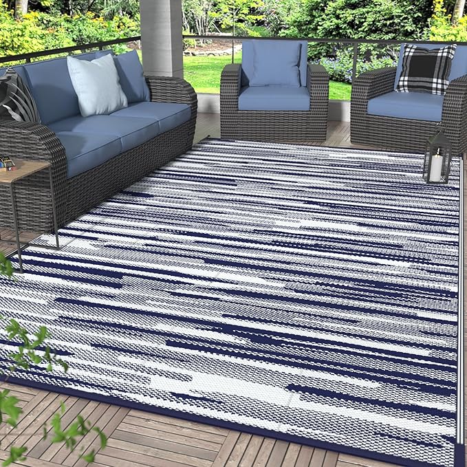 GENIMO Outdoor Rug for Patio Clearance, 9'x12' Waterproof Camping Mat, Reversible Plastic Straw Rugs for RV, Camper, Balcony, Backyard, Picnic, Deck (Blue White)