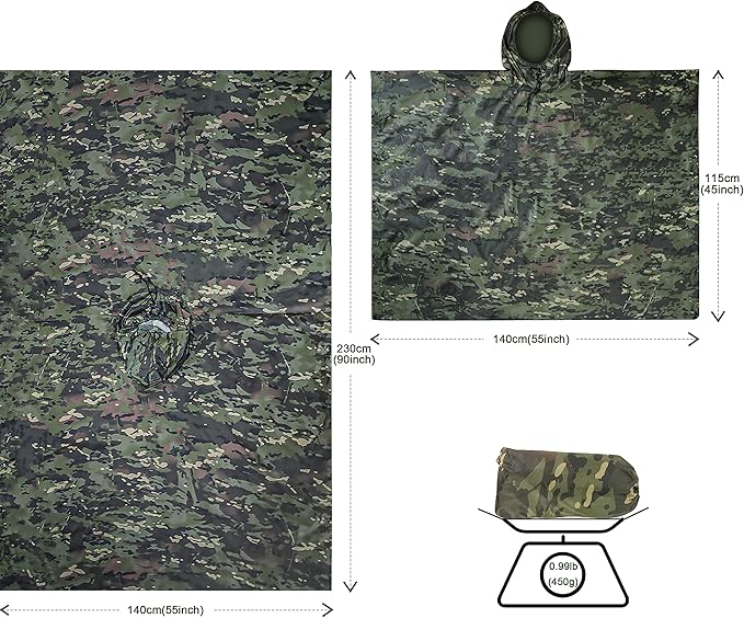 Camo Rain Poncho, Multi Use Waterproof Rain Coat