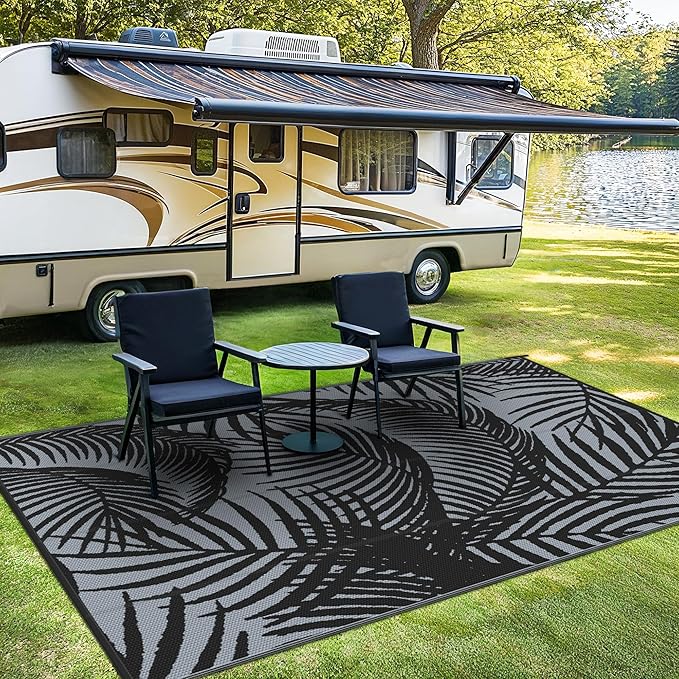 GENIMO Outdoor Rug 8' x 10' Waterproof for Patio Clearance, Reversible Lightweight Plastic Straw Camping Carpet, Large Area Rugs Mats for Rv, Porch, Backyard, Deck, Picnic, Balcony, Mix-Black & Gray