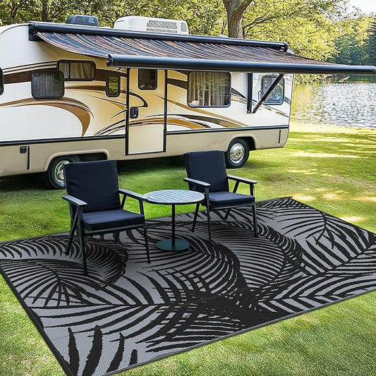 GENIMO Outdoor Rug 5' x 8' Waterproof for Patio Clearance, Reversible Plastic Straw Camping Carpet, Lightweight Mats for Rv, Backyard, Deck, Porch, Picnic, Beach, Balcony, Mix-Black & Gray