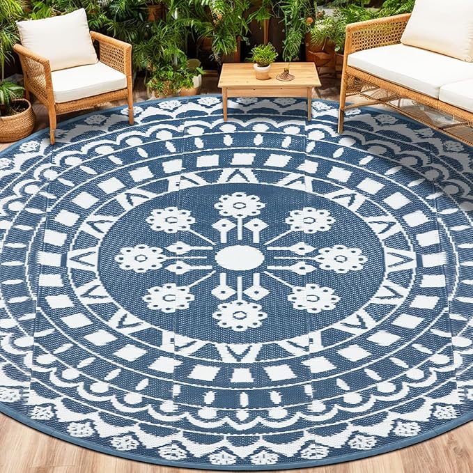 Capslpad 8Ft Round Outdoor Rug for Patios Clearance Reversible Mat Plastic Straw Patio Rugs Lightweight RV Camping Mat Circle Outside Area Rug Carpet for Balcony Deck Trailer Picnic,Blue