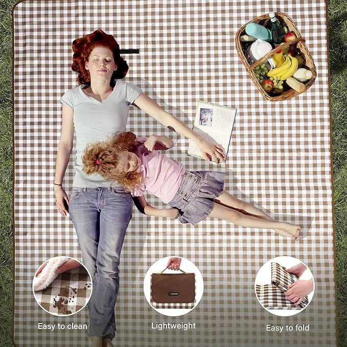 Outdoor Picnic Blanket 80"X80" Picnic Mat Extra Large Camping Blanket Beach Blanket Foldable Waterproof Sand Mat Hiking Travel Family Concerts(Brown)