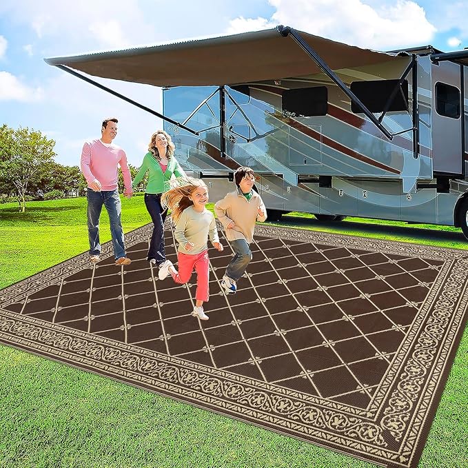 HiiARug Outdoor Rugs 9x12 for Patios Clearance Brown Camping Rug for RV Outside, Reversible Waterproof Plastic Straw Rug Large Outdoor Rug for Porch Beach Picnic Camper
