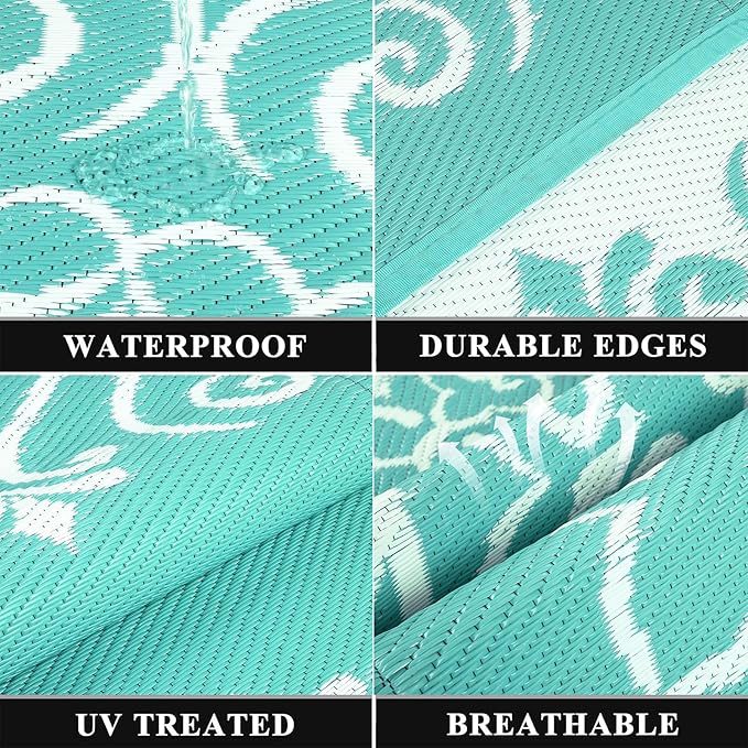 Pauwer Waterproof Outdoor Rug 6x9, Reversible Plastic Straw Patio Camping Rug, Indoor Outdoor RV Mat Carpet for Deck, Camper, Porch, Balcony, Backyard, Picnic, Floral Light Blue