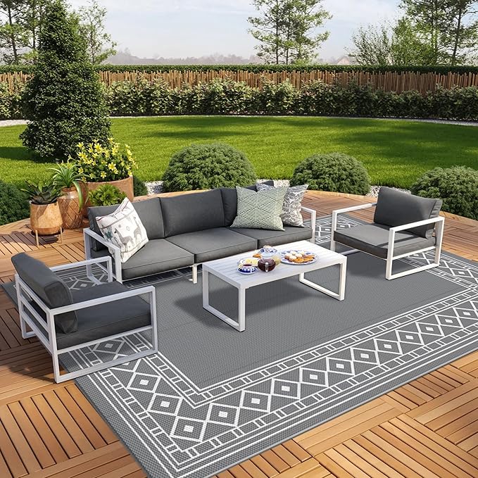 GENIMO Outdoor Rug Waterproof Area 10'x14' for Patio, Foldable Reversible Plastic Straw Carpet for Travel Trailers, Outside Mat for Rv, Deck, Picnic, Porch, Camper, Balcony, Beach, Grey & White